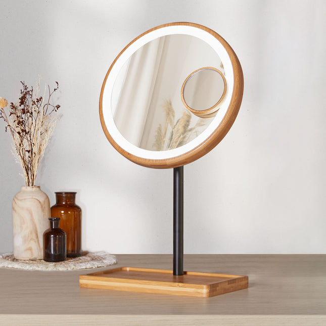 Lanaform Bamboo Mirror – Laddningsbar sminkspegel med LED-belysning och bambudetaljer
