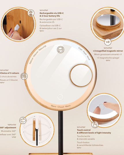 Lanaform Bamboo Mirror – Laddningsbar sminkspegel med LED-belysning och bambudetaljer