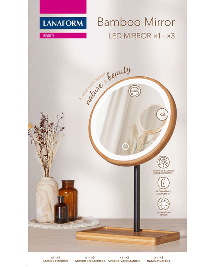 Lanaform Bamboo Mirror – Laddningsbar sminkspegel med LED-belysning och bambudetaljer