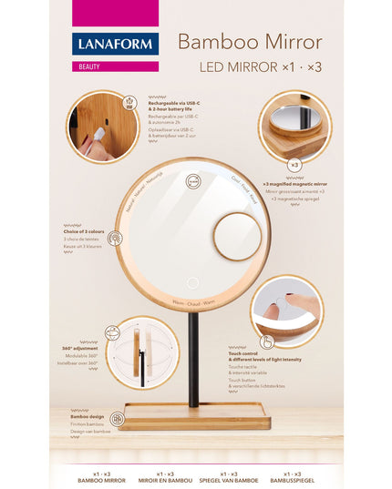 Lanaform Bamboo Mirror – Laddningsbar sminkspegel med LED-belysning och bambudetaljer