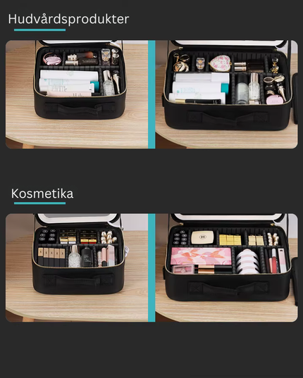 Sminkväska med LED-spegel, svart och rosa
