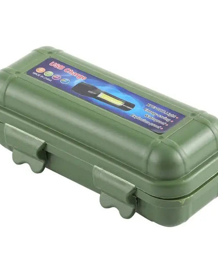 A1 USB-uppladdningsbar vattentät ficklampa med fast fokus, XPE + COB-ljus, 3 ljuslägen och förvaringslåda