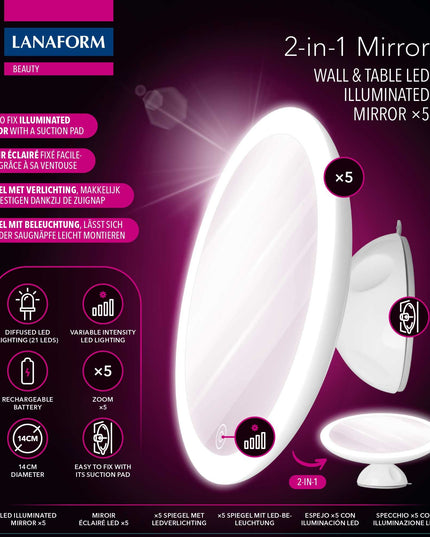 Lanaform 2in1 Mirror – Dubbelsidig sminkspegel med LED-belysning och 5x förstoring