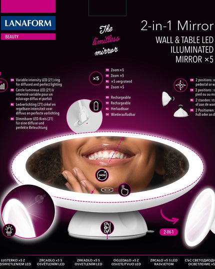 Lanaform 2in1 Mirror – Dubbelsidig sminkspegel med LED-belysning och 5x förstoring