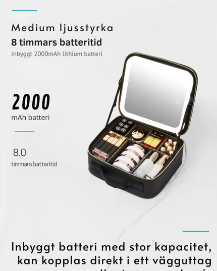 Sminkväska med LED-spegel, svart och rosa