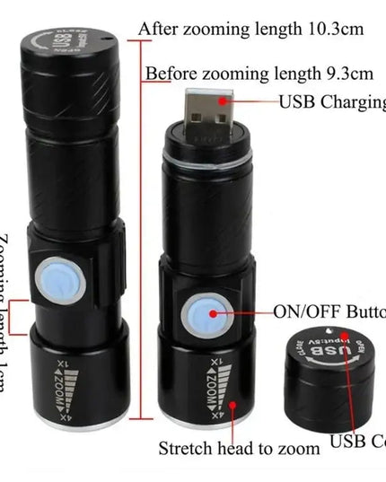 Cree Q5 LED Ficklampa med Zoom – 3 Ljuslägen och 180LM – Kompakt 18650-modell