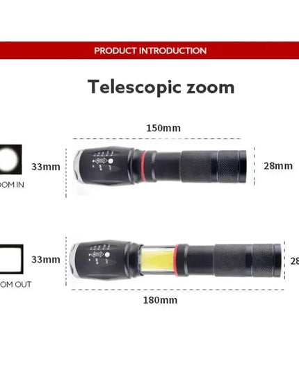 Teleskopisk stark LED-ficklampa med zoom, starkt ljus och magnet – uppladdningsbar