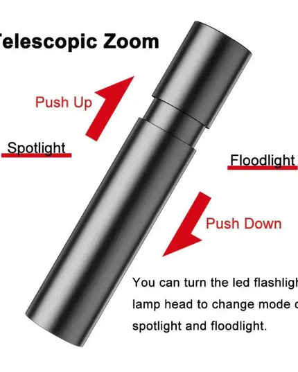 Kraftfull LED-ficklampa med zoom, 1800 mAh batteri och USB-laddning