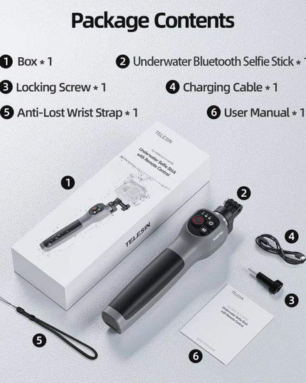 Telesin Selfiepinne Vattentät - 250-850mm med Fjärr till GoPro Hero13/12/11/Mini/10/9/8 Black / Max