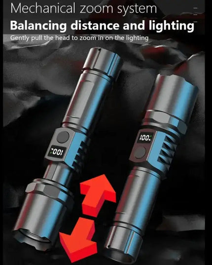 Uppladdningsbar LED ficklampa med zoom och LCD-display – 3000 mAh
