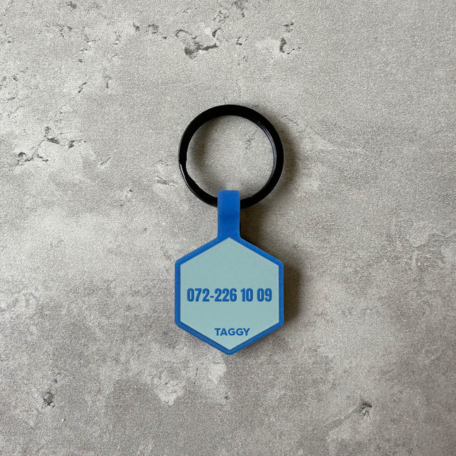 Blå namnbricka till hund - Typsnitt Tea