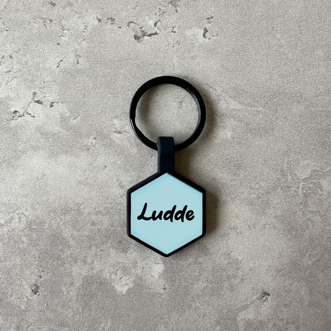 Ljusblå namnbricka till hund - Typsnitt Tea