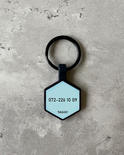 Ljusblå namnbricka till hund - Typsnitt Anton