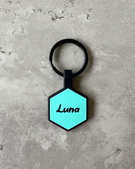 Turkos namnbricka till hund - Typsnitt Tea