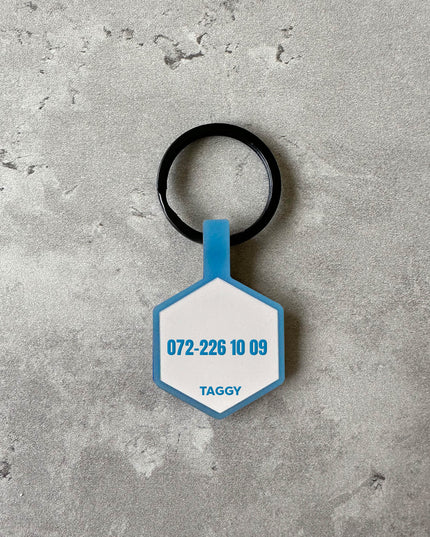 Vit/blå namnbricka till hund - Typsnitt Tea