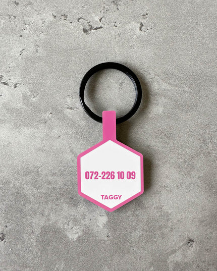 Vit/rosa namnbricka till hund - Typsnitt Anton