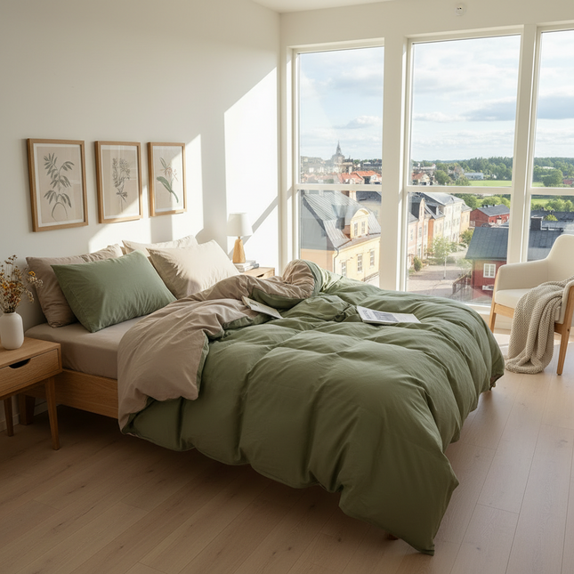 ZENTO Påslakanset 4 delar Grön & Beige 150x200cm