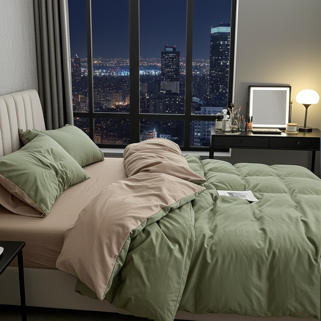 ZENTO Påslakanset 4 delar Grön & Beige 150x200cm