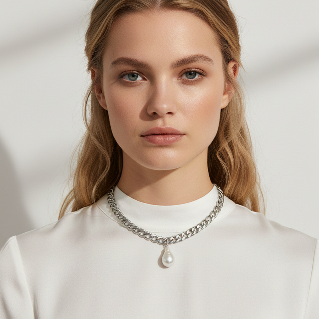 Pärlhalsband i barockt vitt guld